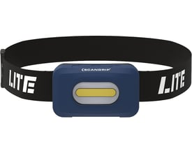 Nærbillede af Scangrip HEAD LITE S pandelampefronten, der viser den mørkeblå enhed med gul COB LED lyskilde og grå kant.