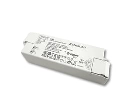 Hvid Envilar Zigbee LED-paneldriver til CCT, 45 W, ses skråt med mærkning og NFC-symbol.