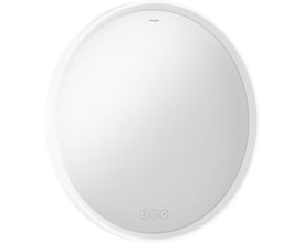 Hansgrohe Xarita S spejl Ø700mm med hvid ramme og integreret LED-lys, viser touch-sensorer i bunden.