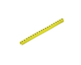 Weidmüller kabelkodningssystem i gul med gentagne plussymboler til mærkning af ledere på 3–4 mm.