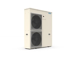 Eco2boost XS-2T CO2-kondenseringsenhed i lys kabinetform med to store ventilatorgitre, set let fra siden.