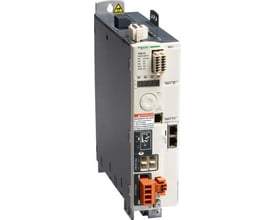 Schneider Electric Lexium 32 servodrev, 6A peak, 3x400V, med mærkater og stik på en lys baggrund.