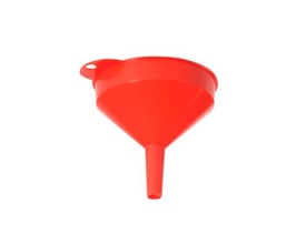 Rød Hallbauer tragt med 150mm diameter, fast udløb og uden si, lavet af polyethylen.