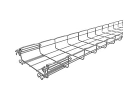 Nærbillede af enden på Legrand gitterbakke FC, viser samlingssystemet og den grå zinkaluminium finish.