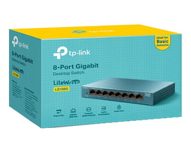 TP-LINK LiteWave LS108G 8-ports Gigabit desktop switch vist på den gule emballage med tydelig produktnavn og features angivet.