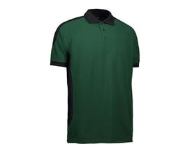 ID Identity poloshirt i flaskegrøn med sorte detaljer og krave, størrelse 5XL, præsenteret forfra på hvid baggrund.