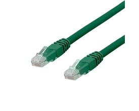 Deltaco U/UTP Cat6a patchkabel på 15 meter i halogenfri grøn farve, med tydelige RJ45-stik.