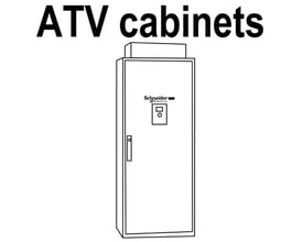 Schneider Electric ATV kabinet i en skitse, viser kabinettets dør med et Schneider Electric logo og en betjeningsenhed.