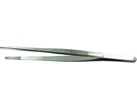 Steritool kirurgisk pincet i rustfrit stål med 140 mm længde, afrundet spids og savtakkede gribekæber.