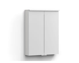Hvidt Svedbergs Bloc spejlskab med to spejllåger og LED-lys langs overkanten, set let fra siden; 55 x 72 x 15 cm.
