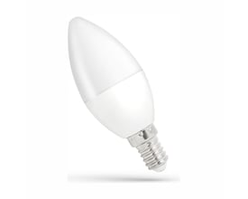 SpectrumLED E14 8W C37 LED-kertepære med hvidt pærehoved og sølvfarvet skruefatning, set skråt fra siden.