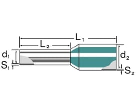 Teknisk illustration af Weidmüller terminalrør med målinger L1, L2, d1, d2, S1 og S2 for præcis installation.