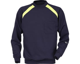 Detaljebillede af Kansas Flamestat sweatshirt i marineblå, viser brystlomme og certificeringssymboler på ærmet.
