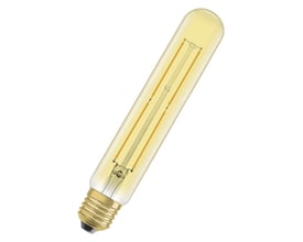 Ledvance 1906 tubular LED-pære i ravfarvet glas med E27 fatning og synlig filament-tråd.