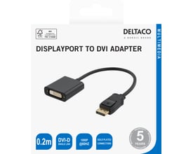 Sort Deltaco DisplayPort til DVI-D Single Link-adapter på emballage med et kabel på 0,2 meter.