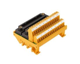 Weidmüller interface-modul med spændeklemmer og 40-polet stik, set skråt ovenfra med orange terminalrækker.