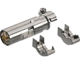 Weidmüller HDC Industristik Han-CSB SV stik, 1-polet til crimp-ben, vist med to separate monteringsklammer på hvid baggrund.