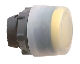Schneider Electric trykknaphoved ZB5, gul, ophøjet design med sort base og 22mm diameter, isoleret på hvid baggrund.