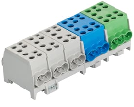 HLAK klemmer fra Pollmann med flere farvede sektioner: grå, blå og grøn, designet til tilslutning af aluminium og kobberledere op til 1000V.