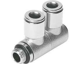 Festo multifordeler NPQM-LFK-G14-Q8-P10 i metal med to udtag og en gevindtilslutning, med push/pull princip.