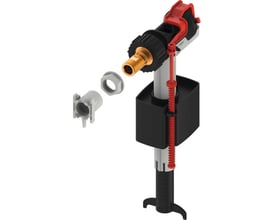 TECE F10 universal svømmeventil i opdelt visning, der viser samlingsdele som messingnippel og plastadapter.