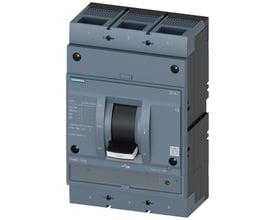 Siemens 3VA1 maksimalafbryder i grå plast, 3-polet, med en 1000A mærkat på betjeningshåndtaget og klar mærkning.