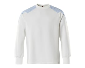 Mascot sweatshirt 20084 Food&Care i hvid og blå, str. M, med quiltet mønster og blå detaljer ved skuldrene.