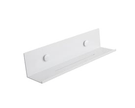 Hvid Svedbergs-hylde i aluminium, 325 x 75 x 75 mm, set skråt forfra med bagplade og to runde monteringsbeslag.