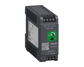 Detaljeret frontvisning af Lauritz Knudsen Modicon strømforsyning, der fremhæver terminaler og LED indikatorer for 24V DC drift.