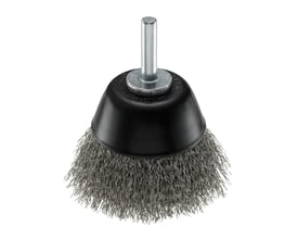 Ironside kopbørste med rustfri bølget tråd, sort skål og 6 mm skaft, set skråt forfra.