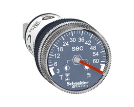 Schneider Electric Harmony timer med forsinket tiltræk, 24VDC, 22mm front, og tidsindstilling fra 3-60 sekunder med rød viser.