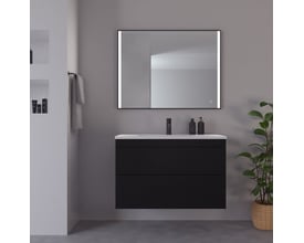 Loevschall Nyborg spejl med sort ramme på 100x75 cm, med to oplyste lysfelter og integreret touch-knap.