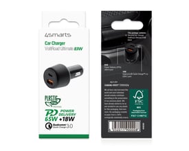 4smarts biloplader VoltRoad Ultimate i sort emballage med produktbilleder og tekniske specifikationer.