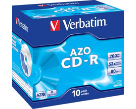 Verbatim CD-R-medier med AZO, 700 MB og 52x skrivehastighed, vist på den blå emballage.