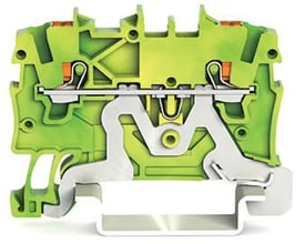 Wago 2-leder-jordklemme grøn-gul til 1 mm2 med Push-in CAGE CLAMP teknologi og testport vist i tværsnit.