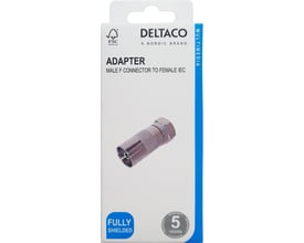 Deltaco koaksialkabeladapter med F-han og IEC-hun vist på emballagen med adapteren afbildet.