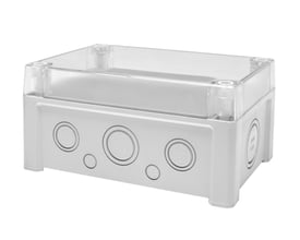 Fibox Tempo kasse TPCM191209T lukket, med transparent låg og grå bund, viser metriske indgange på siden.