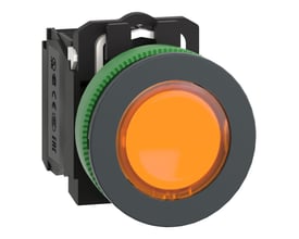 Bagfra set på Schneider Electric orange flush lampetryk med 24V LED og 1NO+1NC kontakter, samt certificeringsmærker.
