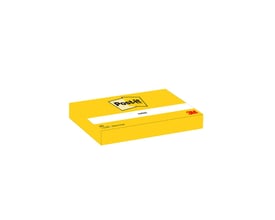 Emballagen til en 3M Post-it-blok 653 i Canary Yellow, 38 x 51 mm, set skråt med Post-it-logoet på låget.