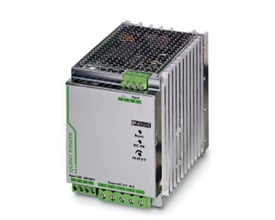 Detaljeret billede af Phoenix Contact QUINT POWER strømforsyning med SFB Technology, viser mærkater for input, output og indikatorlys.