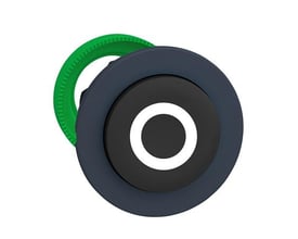 Schneider Electric Harmony XB5/ZB5 flush trykknap i sort med hvidt "O" mærke og en grøn monteringsring. Trykknappen har et ophøjet design.
