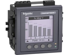Schneider Electric PowerLogic PM5300powermeter med grafisk display, der viser spændingsharmoniske og knapper til navigation.