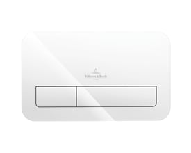 Hvid Viconnect M200-betjeningsplade i glas fra Villeroy & Boch med to skylleknapper og afrundede hjørner.