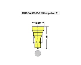 Teknisk tegning af Mubea stempel 50505-1 med angivet diameter 20mm og længde 38mm.