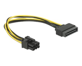 DeLock strømkabel med SATA 15-pin han og 6-pin PCI Express hun-stik, 20 cm langt, sort og gult kabel.