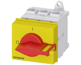 Siemens SENTRON 3LD nødstopafbryder på 32 A med gul front, rød drejeknap og hvidt afbryderhus.