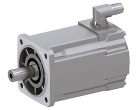 Siemens Simotics S-1FK2 CT servomotor med M0=6 Nm, 1.45 kW, vist med roterbar M17 tilslutning og aksel. Produceret i grå aluminium.