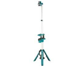 Makita LED arbejdslampe DEADML814 med trebenet stativ, viser batteriholder uden batteri.