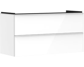 Hansgrohe Xelu Q vaskeskab i hvid højglans med to fronter, måler 118cm bredt og er væghængt.