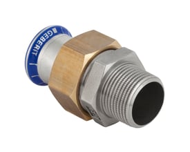Geberit Mapress Rustfrit union med 22 mm pres-ende og 1" R-gevind, fremstillet af rustfrit stål og messing.